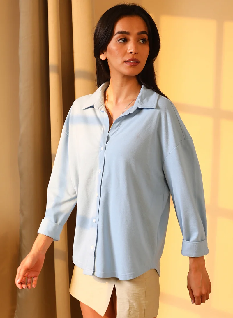Pinacolada  Women's Icy Blue Solid Boxy Shirt For Casual Wear | Spread Collar | Long Sleeve | Button Closure | Shirt Designed With Comfortable Fit For Woman & Girls for Women | Best Price UAE